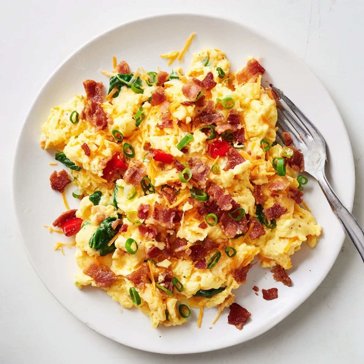 A close-up of Loaded Scrambled Eggs featuring soft curds, sautéed vegetables, melted cheese, and crispy bacon on a warm plate.