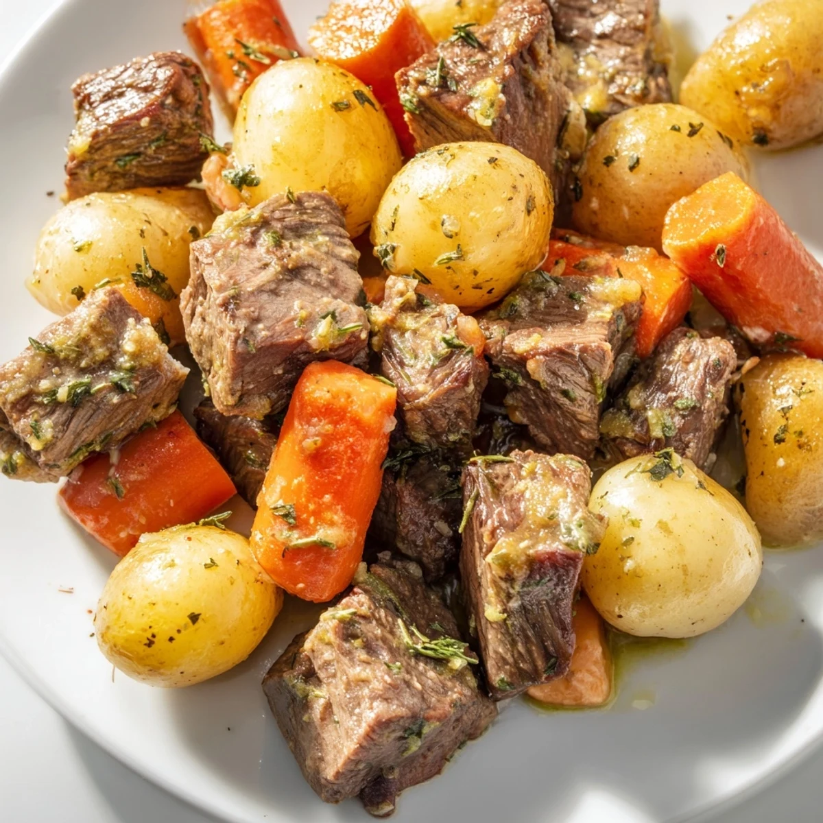 Slow cooker image of garlic butter beef with potatoes, herbs scattered around. 