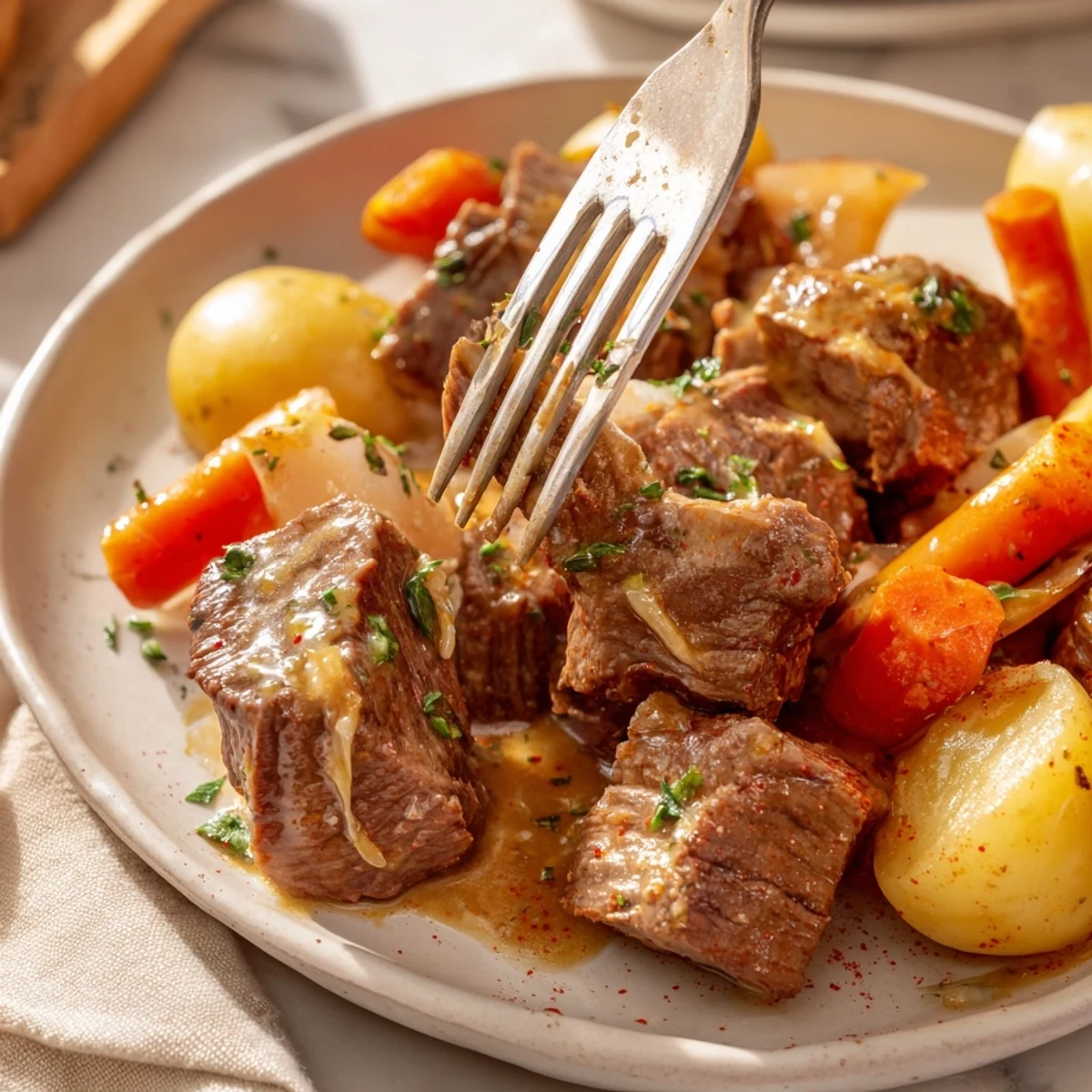 Golden garlic butter beef and baby potatoes simmer in a slow cooker. 