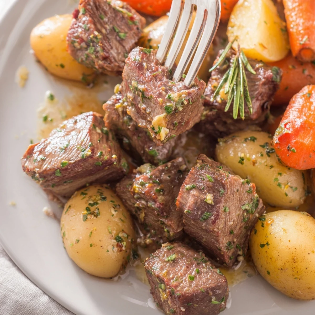 A serving of Slow Cooker Garlic Butter Beef With Potatoes beside green beans.