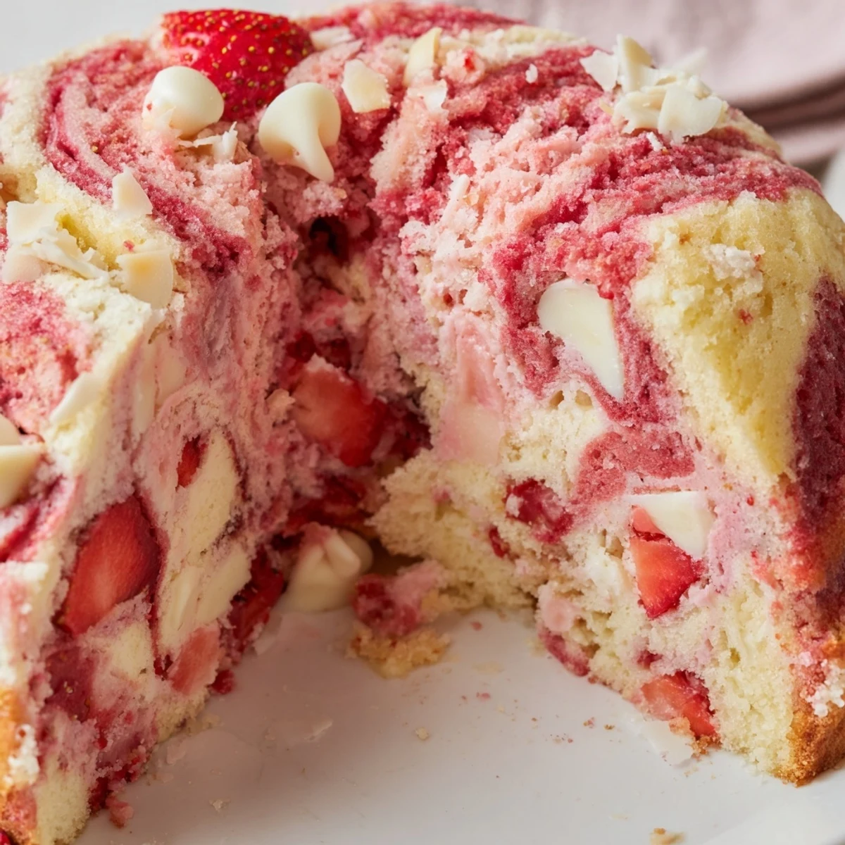 A slice of homemade Strawberry Earthquake Cake on a white plate, with gooey cheesecake swirls and fresh diced strawberries visible.