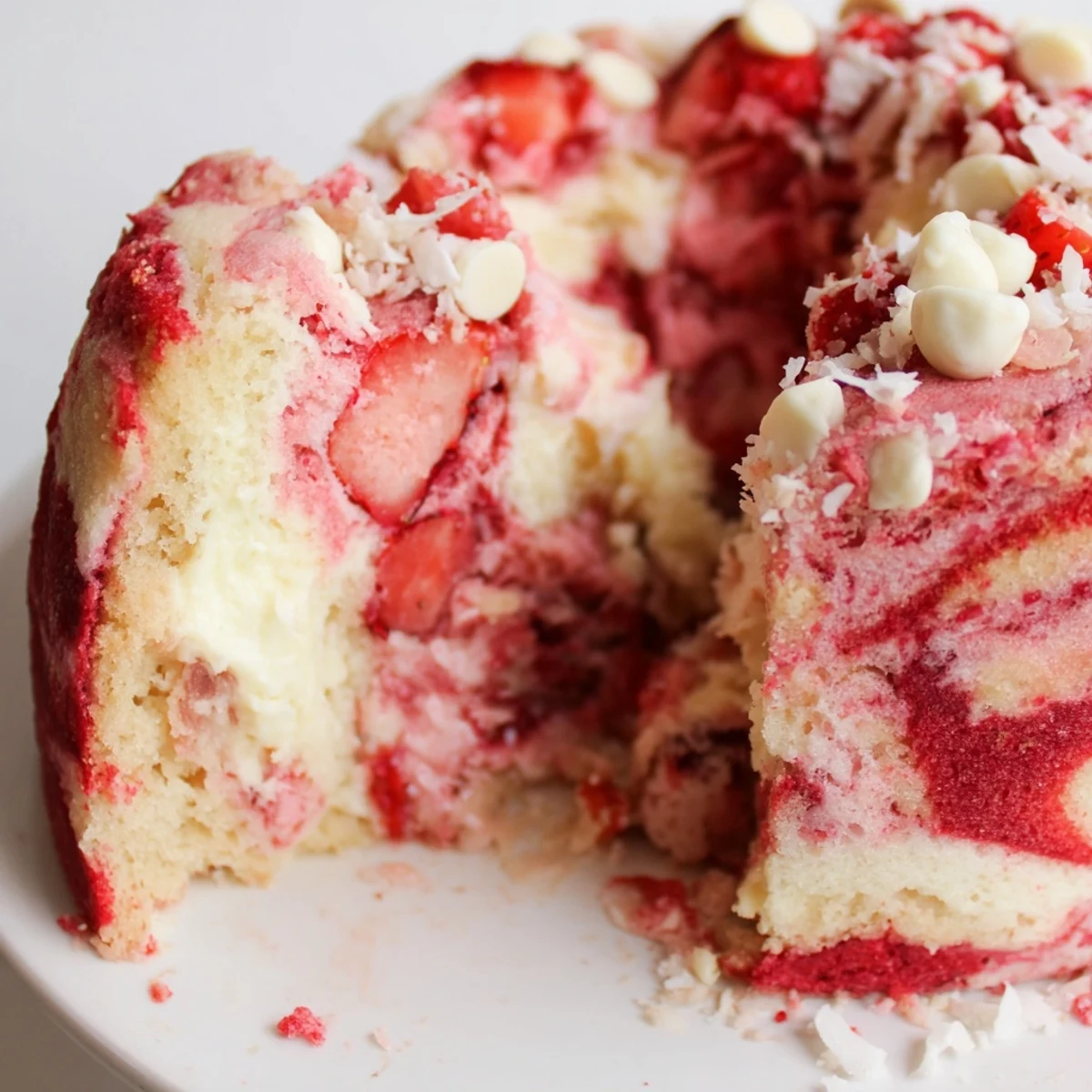 Serving suggestion for Strawberry Earthquake Cake, showing a moist cake with melted white chocolate chips and a marbled, moist texture.
