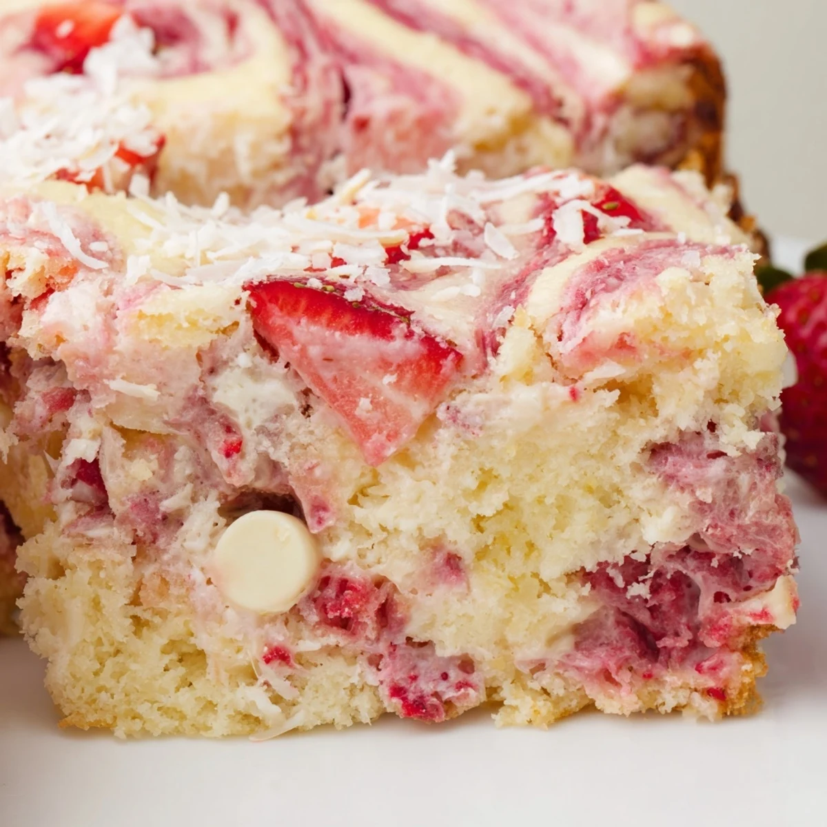 Strawberry Earthquake Cake baked in a 9x13 pan, featuring a creamy cheesecake layer and bright red strawberries on top.