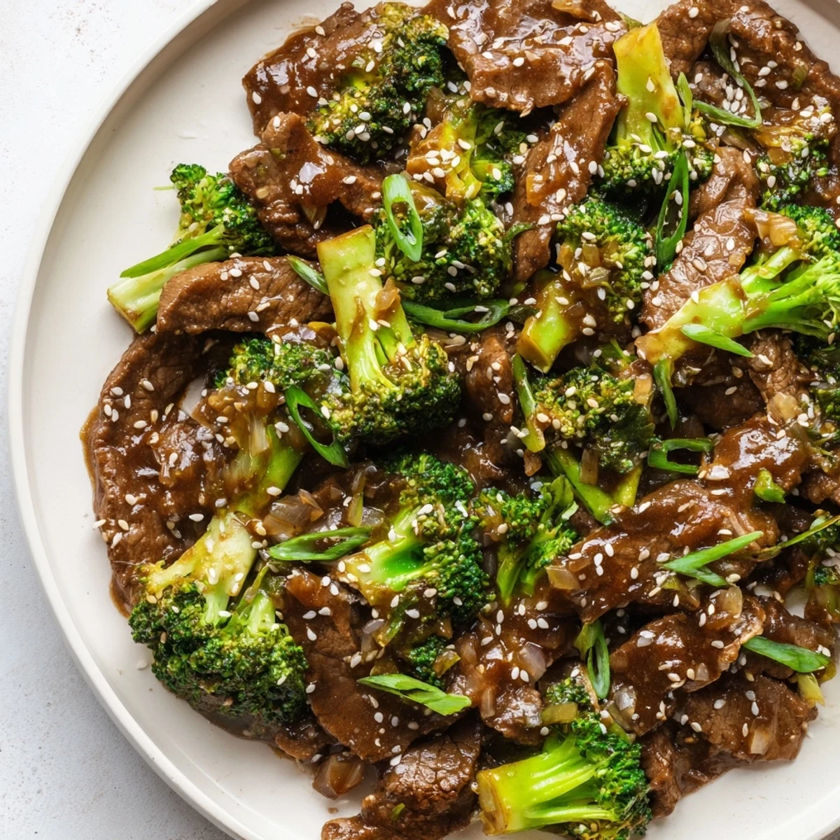 Steaming plate of Better Than Takeout Beef With Broccoli, garnished with sesame seeds and green onions, showcasing saucy beef and perfectly blanched broccoli florets.
