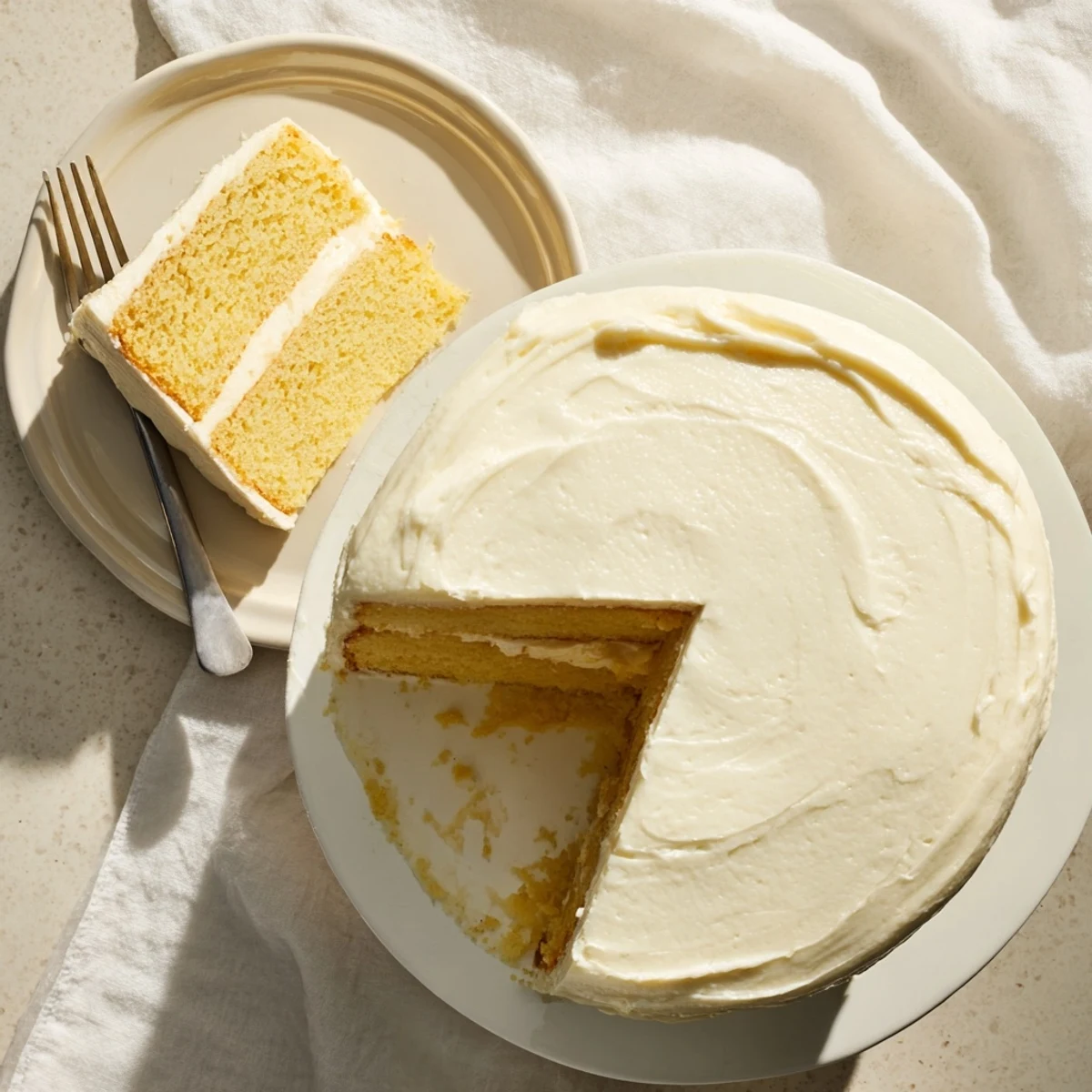 A perfect vanilla cake slice on a white plate, ready for celebration or everyday treat.