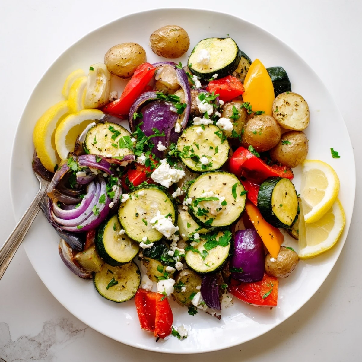 Roasted One Pan Greek Vegetables glisten with olive oil and lemon juice, served warm with crumbled feta and fresh parsley.