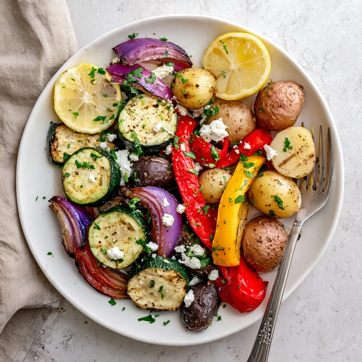 Bright One Pan Greek Vegetables from the oven feature caramelized zucchini, peppers, and eggplant next to tender baby potatoes.