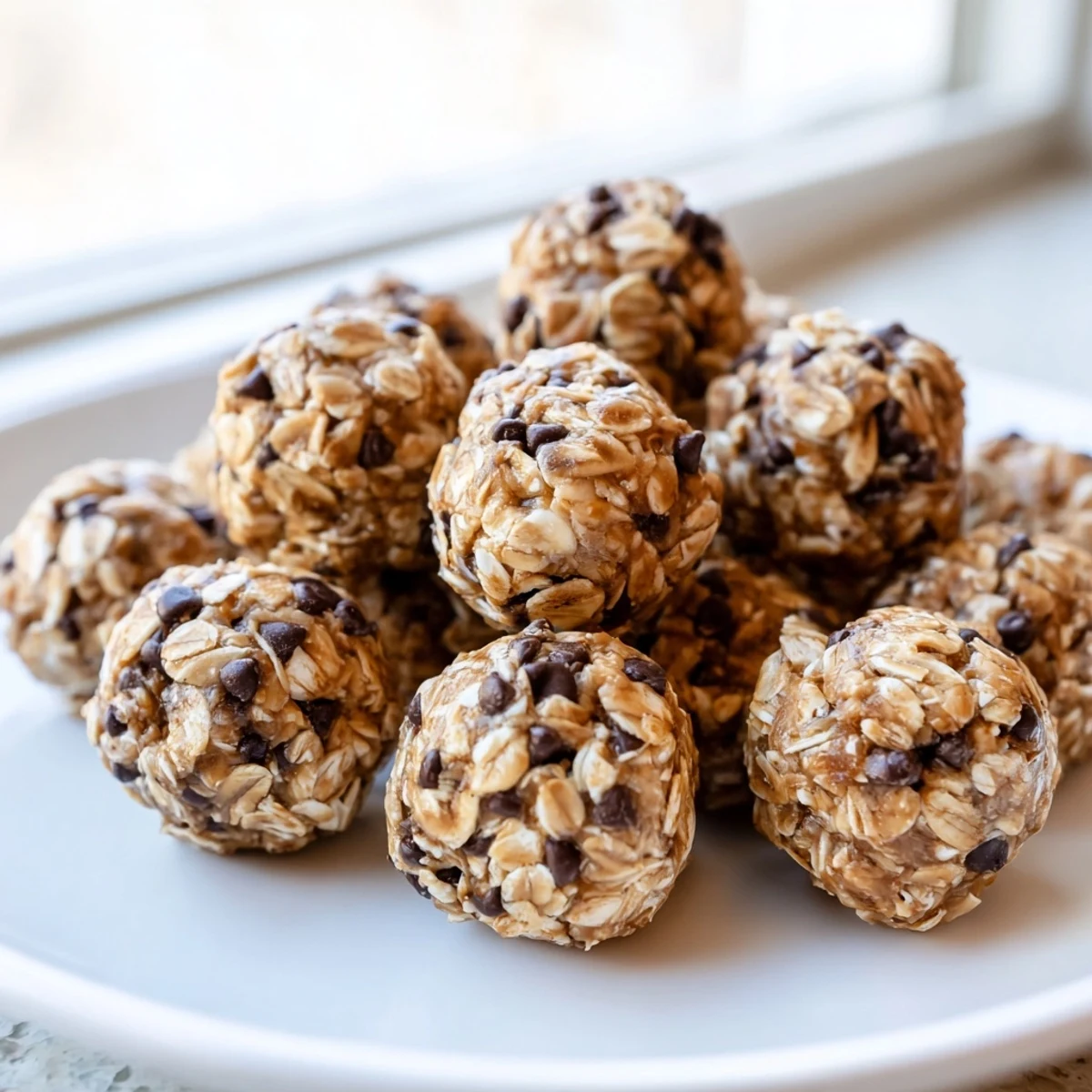 A close-up of vibrant green Mint Chocolate Chip Protein Balls on a white plate with scattered chocolate chips and fresh mint leaves.