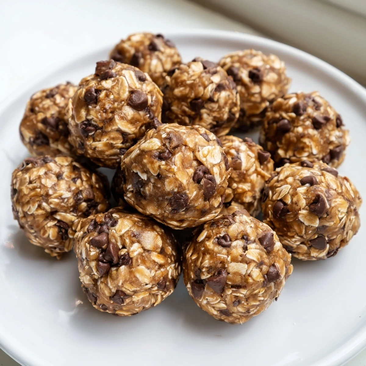 Bite-sized Mint Chocolate Chip Protein Balls resting on a wooden cutting board beside a small bowl of protein powder.