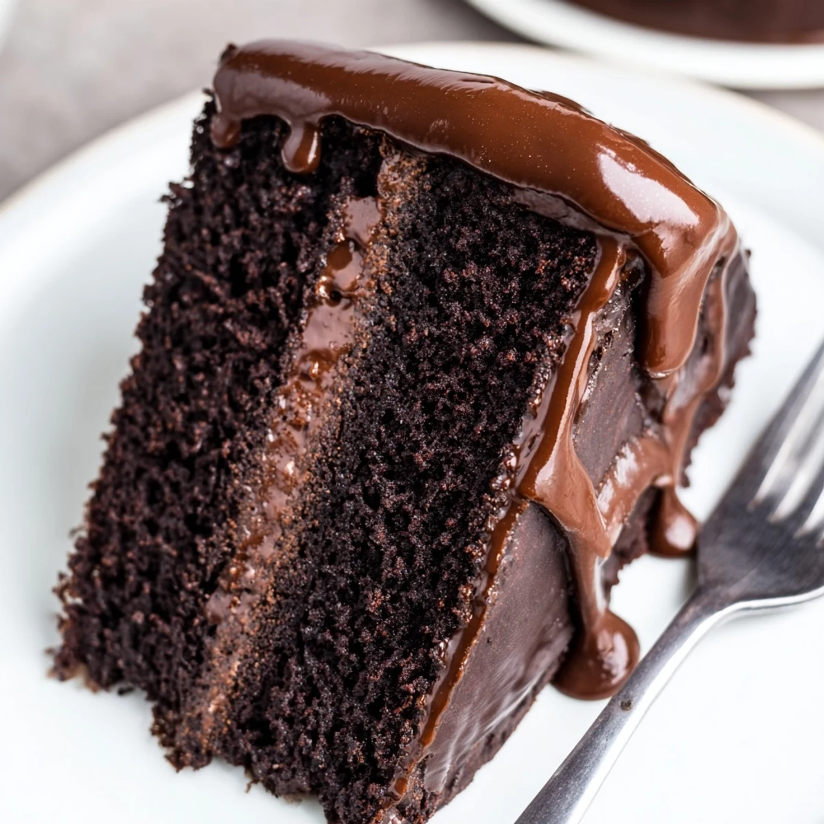 A close-up of the Triple Matilda Chocolate Cake, showing glossy ganache dripping down its sides and creamy frosting between layers.