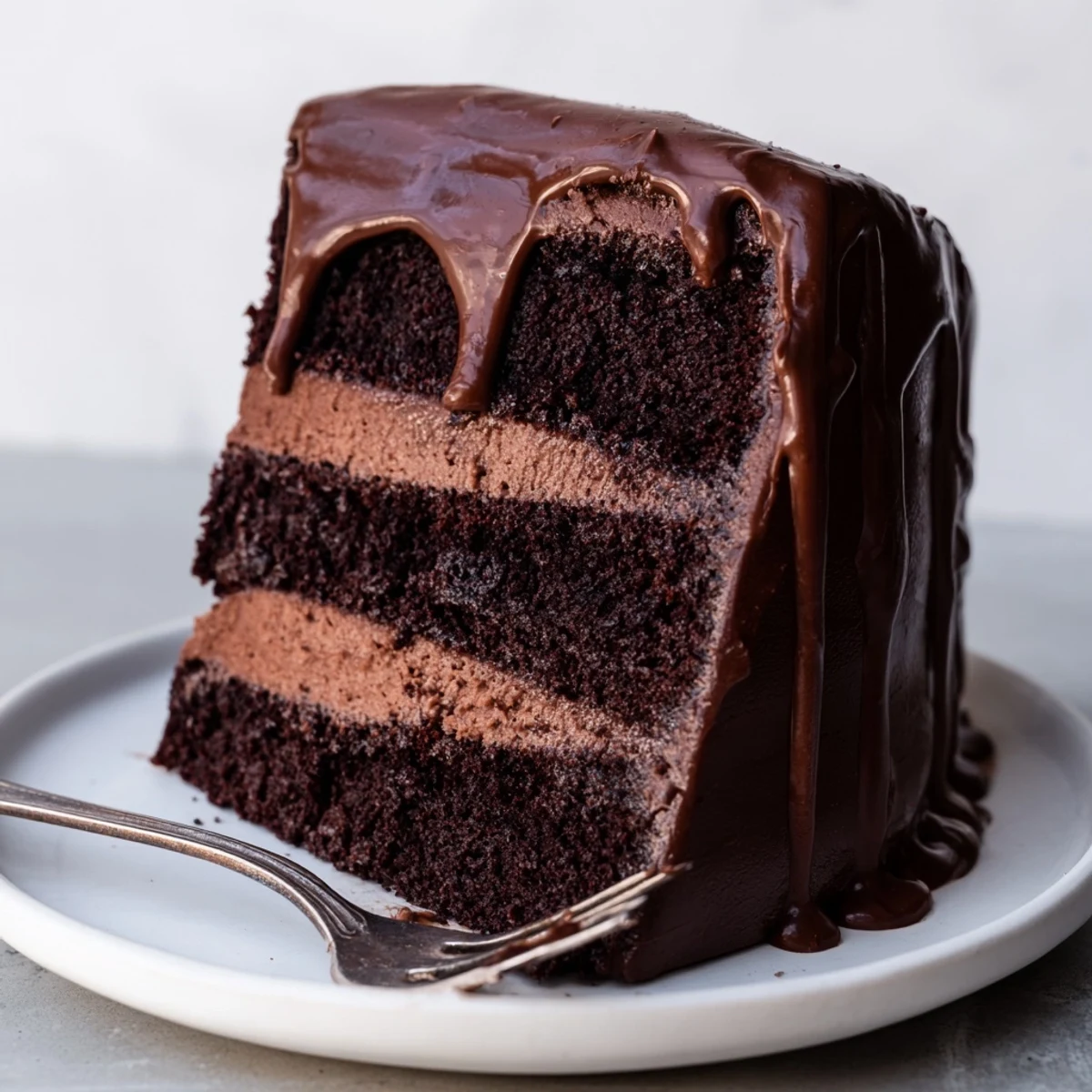 The Triple Matilda Chocolate Cake is ready to serve, dusted with cocoa powder and placed on a rustic wooden board.