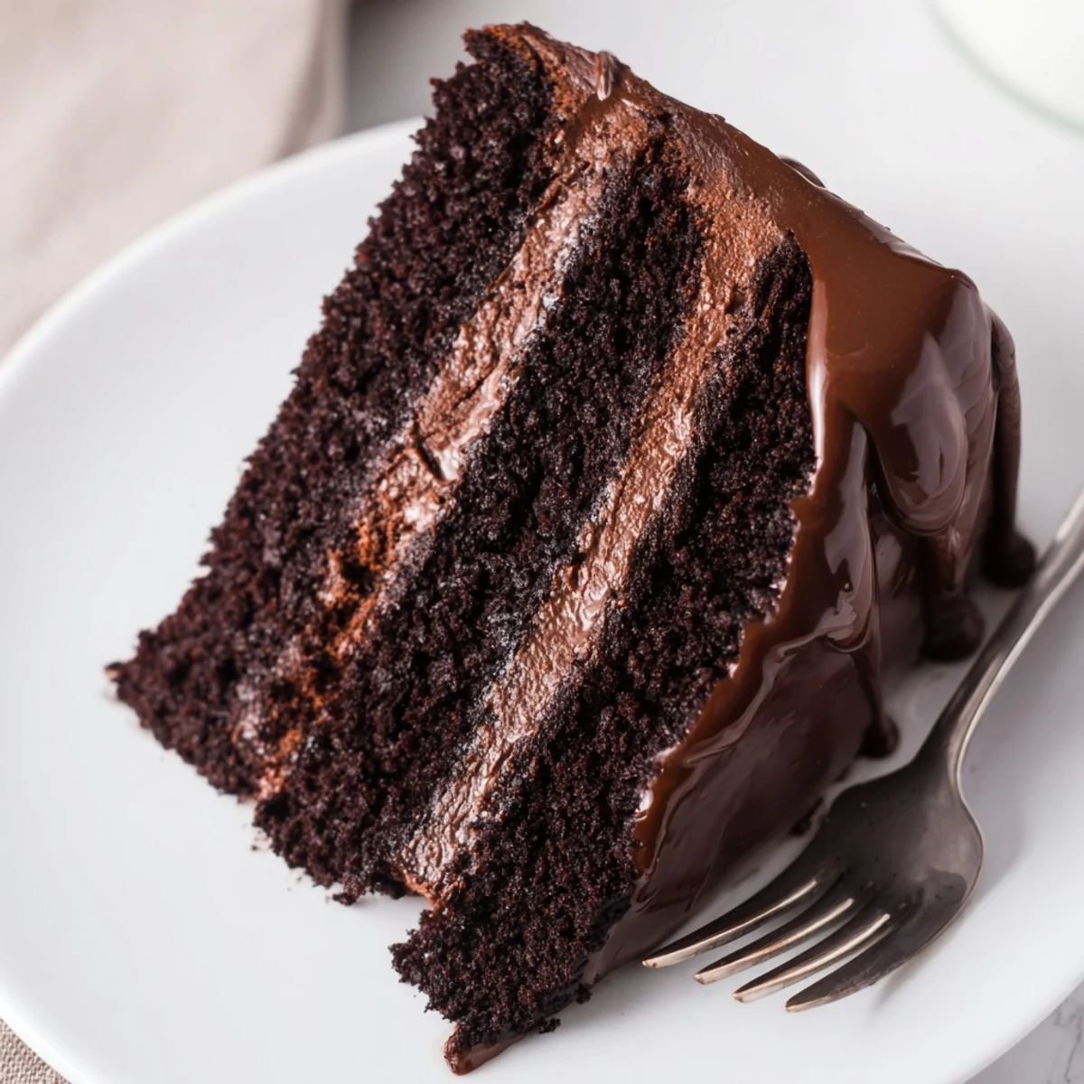 A slice of Triple Matilda Chocolate Cake on a plate, revealing moist chocolate sponge layers and rich frosting.