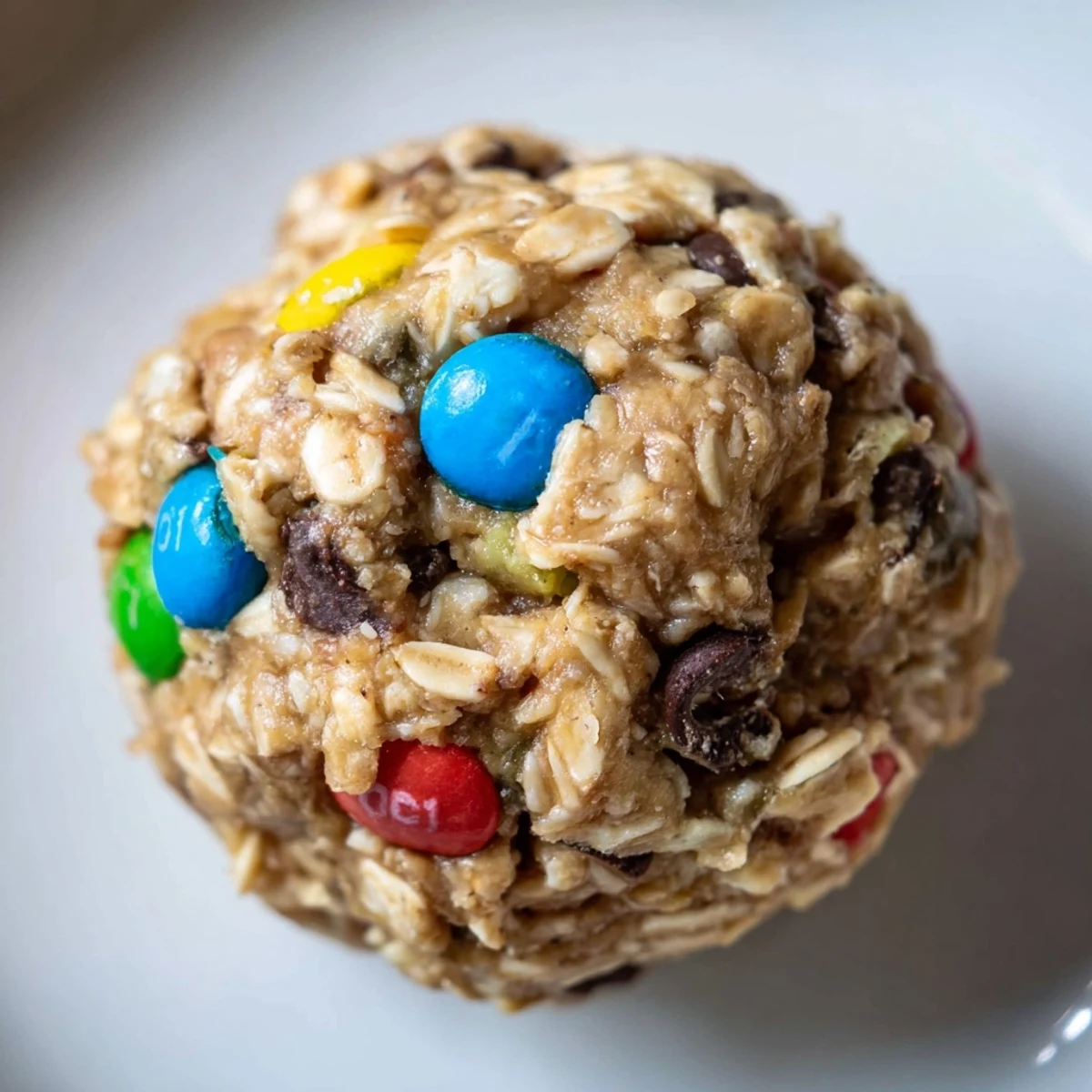 These no-bake Monster Cookie Protein Balls show chewy oats, creamy peanut butter, and bright candy-coated chocolates.