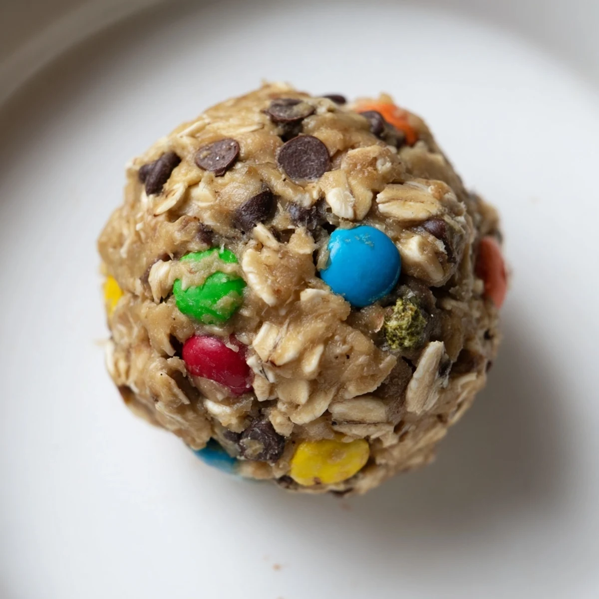 Pile of Monster Cookie Protein Balls on a parchment-lined tray with mini chocolate chips and honey for dipping.