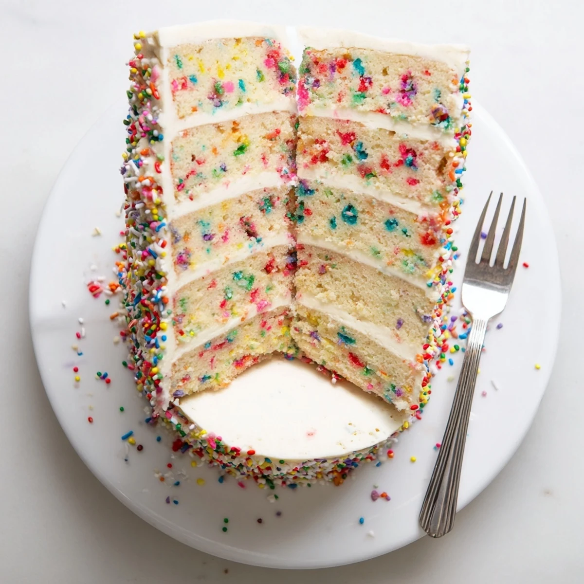 Vibrant slice of Milk Bar Birthday Cake with rainbow sprinkles and creamy frosting on a white plate.