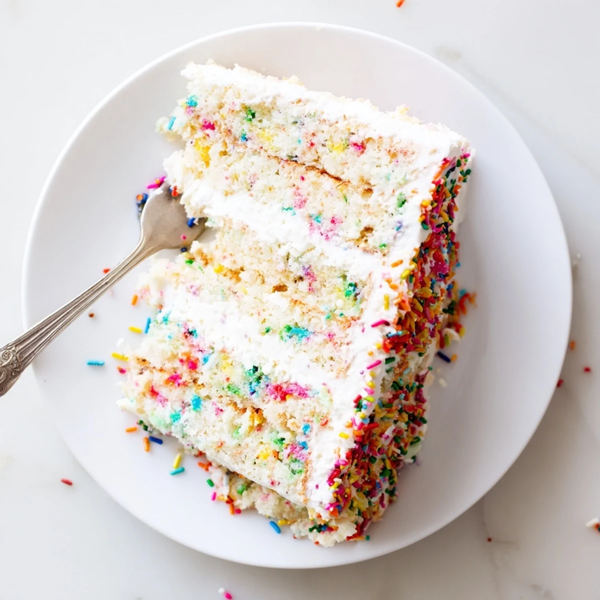 Moist vanilla sponge layers of Milk Bar Birthday Cake soaked with milk and crumb topping.