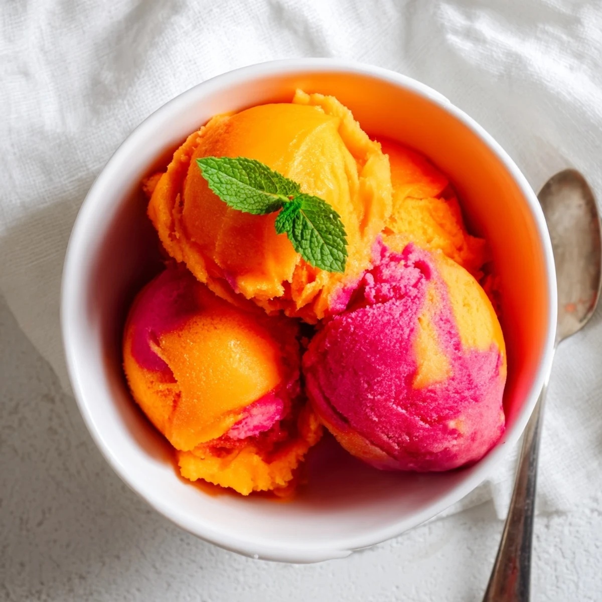 Bright scoops of Mango Strawberry Sorbet in a chilled bowl, topped with fresh mint and a lime wedge for refreshing summer dessert. 