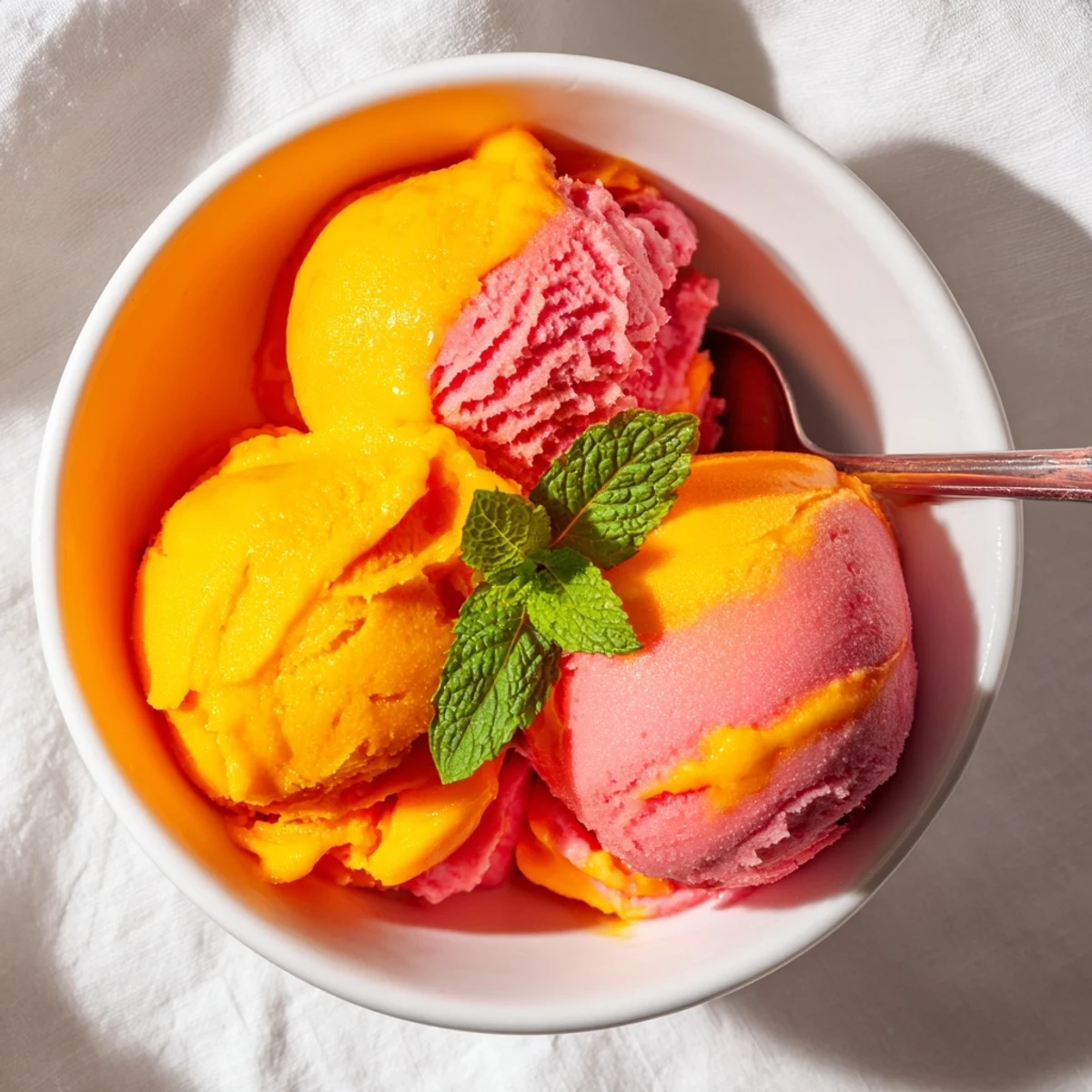 A swirl of creamy Mango Strawberry Sorbet shows vibrant orange and pink hues, glistening with sweet mango and tangy strawberry notes. 