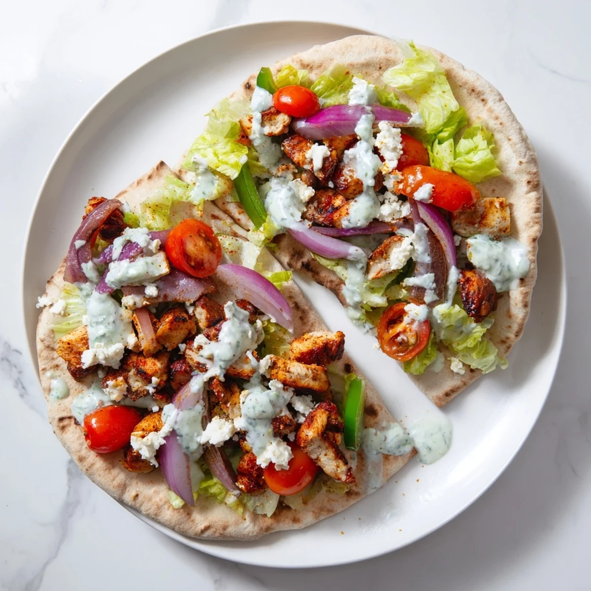 Roasted chicken and colorful vegetables spill out of a warm pita in this Sheet Pan Chicken Pitas with Herby Ranch recipe.