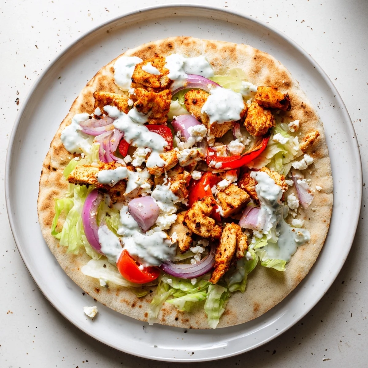 Golden roasted chicken and veggies rest next to a bowl of herby ranch in these Sheet Pan Chicken Pitas with Herby Ranch.