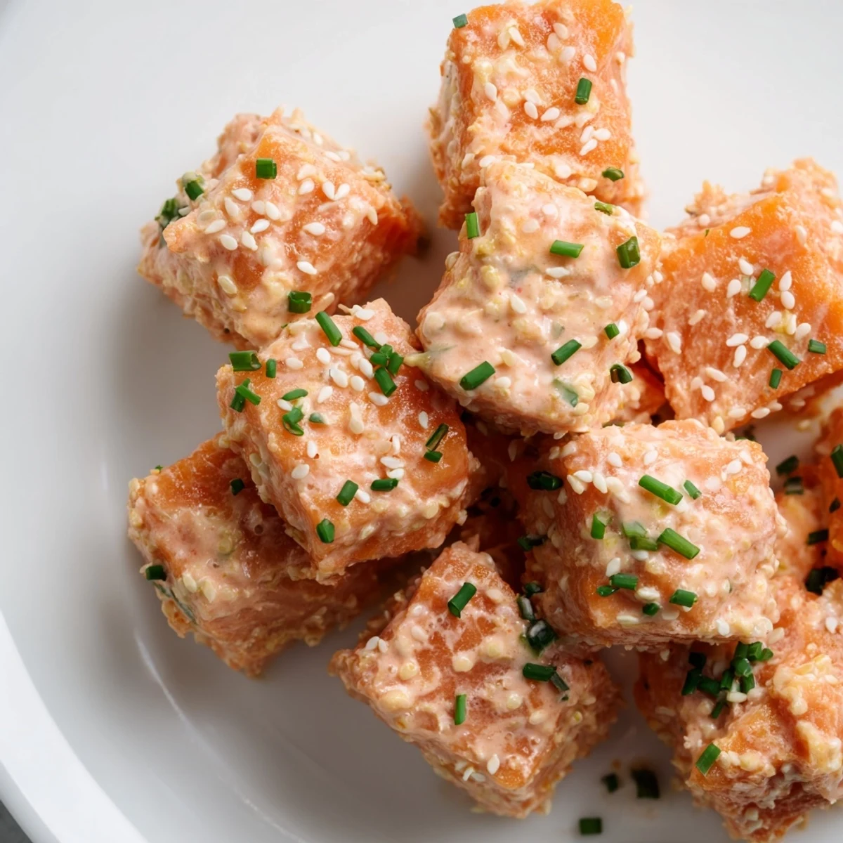 Golden fried salmon cubes tossed in zesty Bang Bang sauce, garnished with fresh chives.  