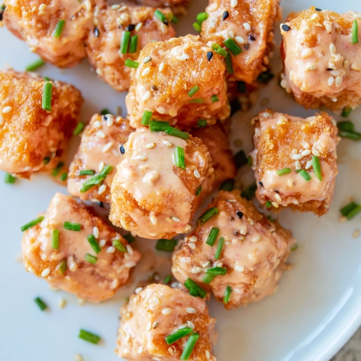 Spicy, tangy Bang Bang salmon bites—ideal for parties or quick weeknight dinners.