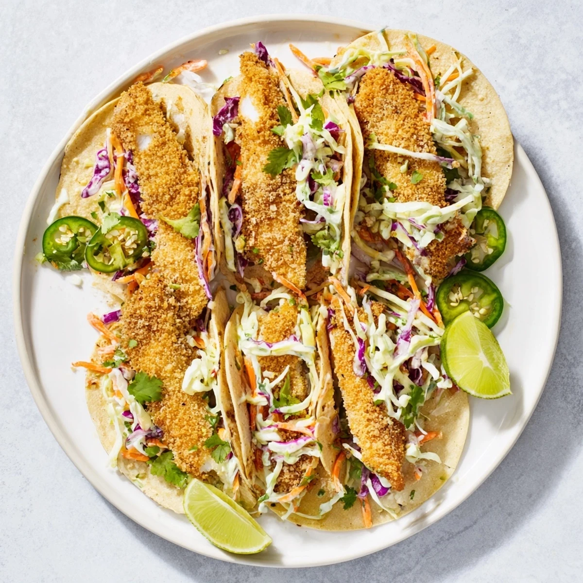 Crispy fish tacos with golden fried fillets and zesty cilantro lime slaw, served in warm tortillas for a fresh, flavorful meal.
