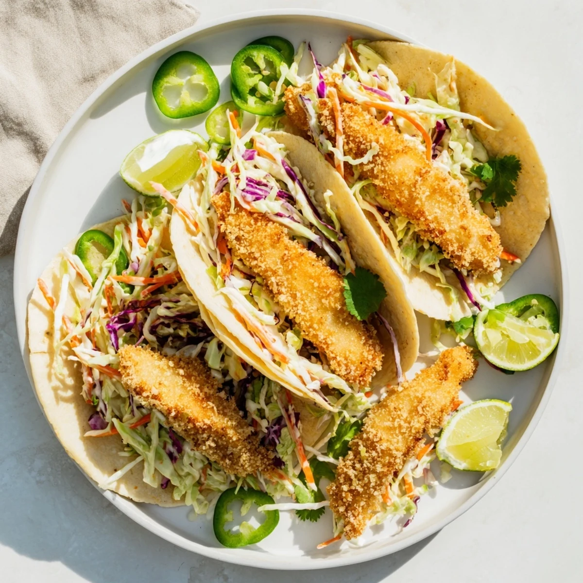 Golden, crunchy fish strips layered with vibrant cilantro lime slaw and nestled in soft tortillas for a satisfying taco night.