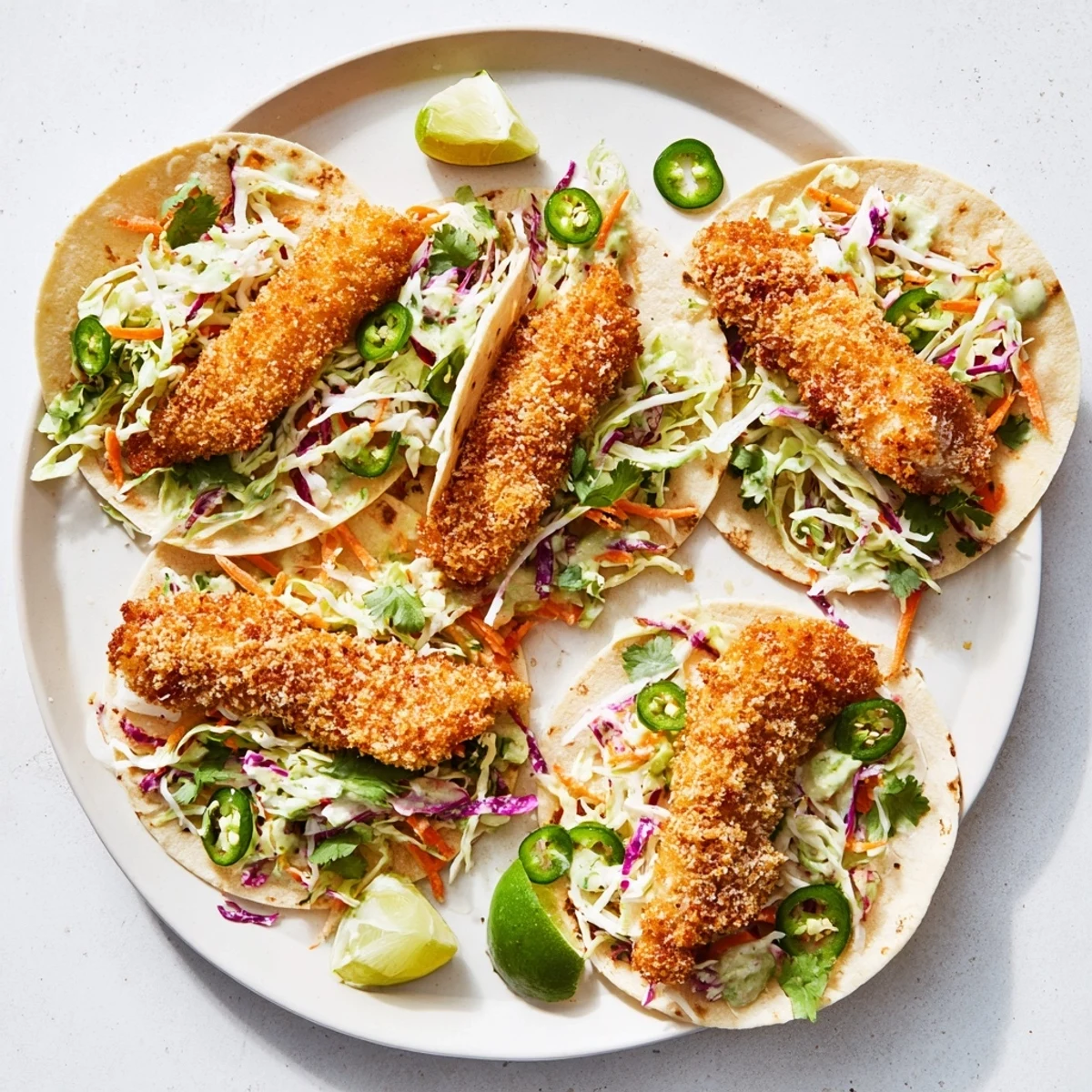 Crispy white fish fillets topped with crunchy cabbage slaw and fresh cilantro, creating irresistible fish tacos bursting with flavor.
