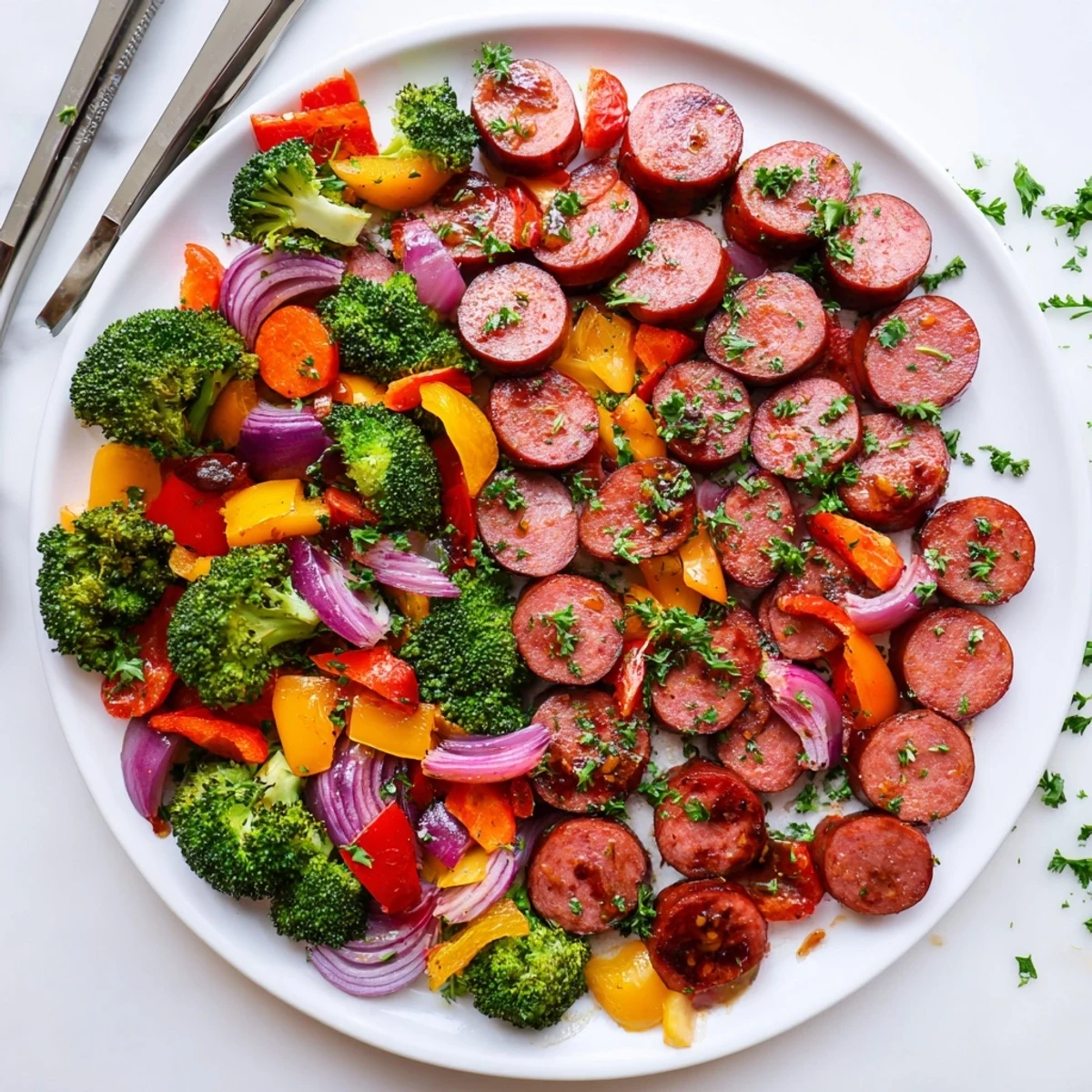 Roasted One Pan Honey Garlic Kielbasa & Veggies with caramelized onions and peppers in a sweet-savory glaze.