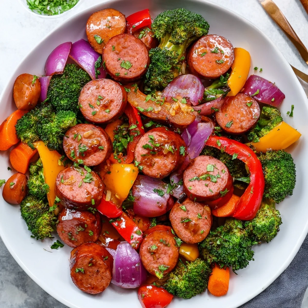 Sizzling One Pan Honey Garlic Kielbasa & Veggies from the oven, garnished with fresh parsley and lemon wedges.