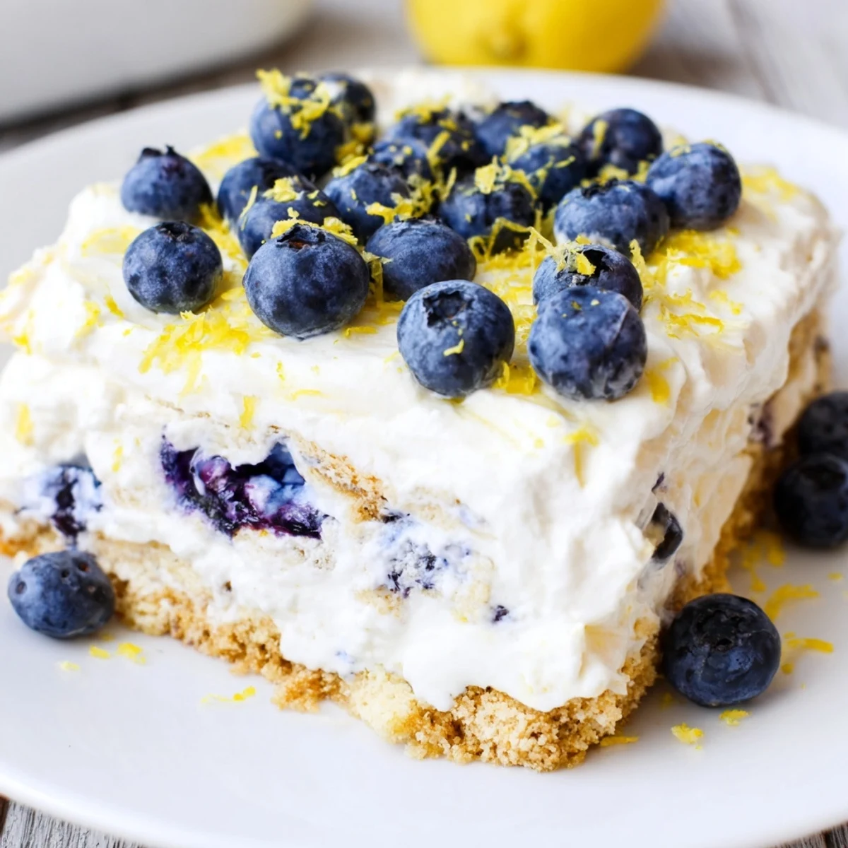 Light and refreshing no-bake lemon blueberry cream cake, bursting with citrus and berry flavors, chilled and ready to enjoy.