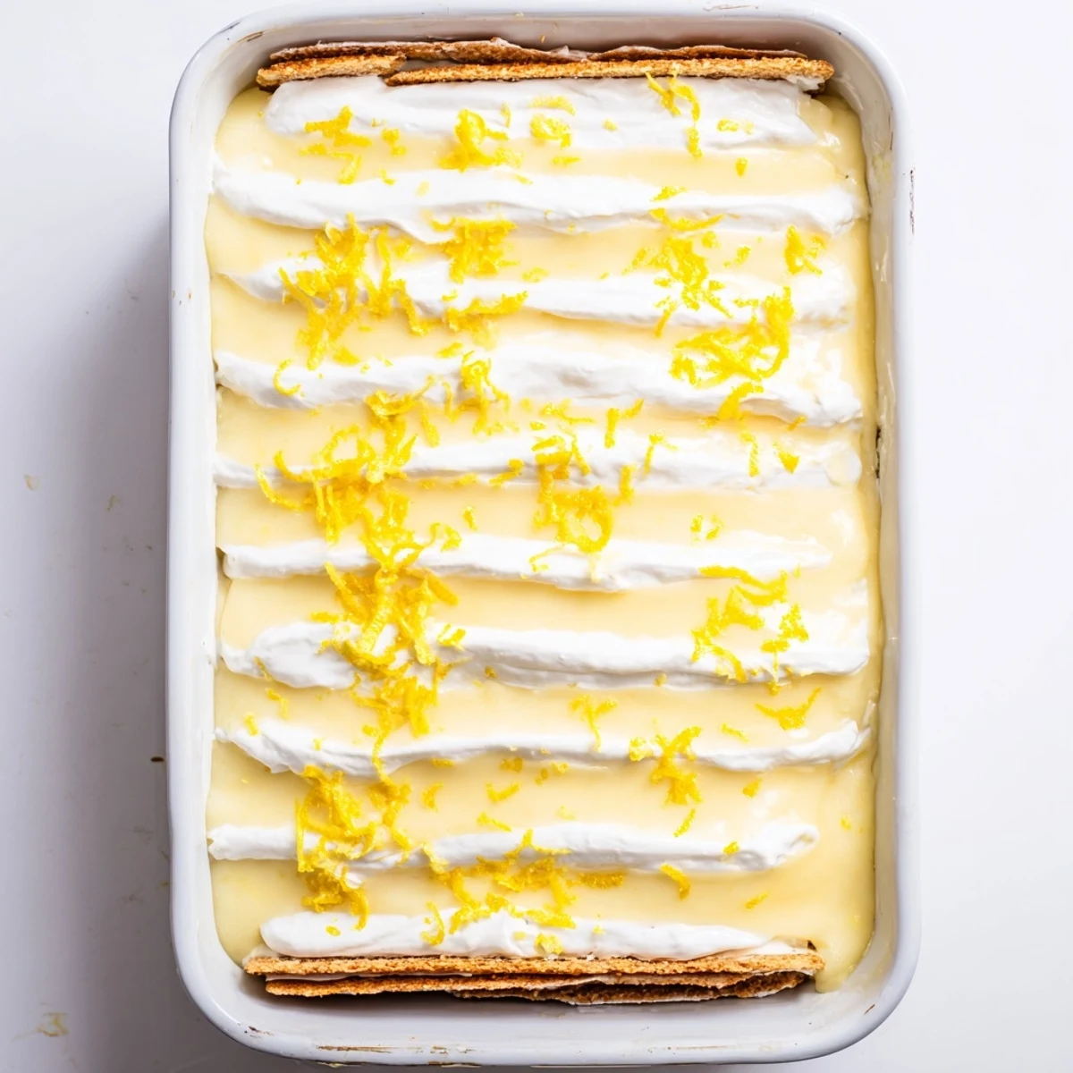 No Bake Lemon Eclair Cake with layers of graham crackers and creamy lemon pudding, topped with a smooth lemon glaze for a refreshing summer dessert.