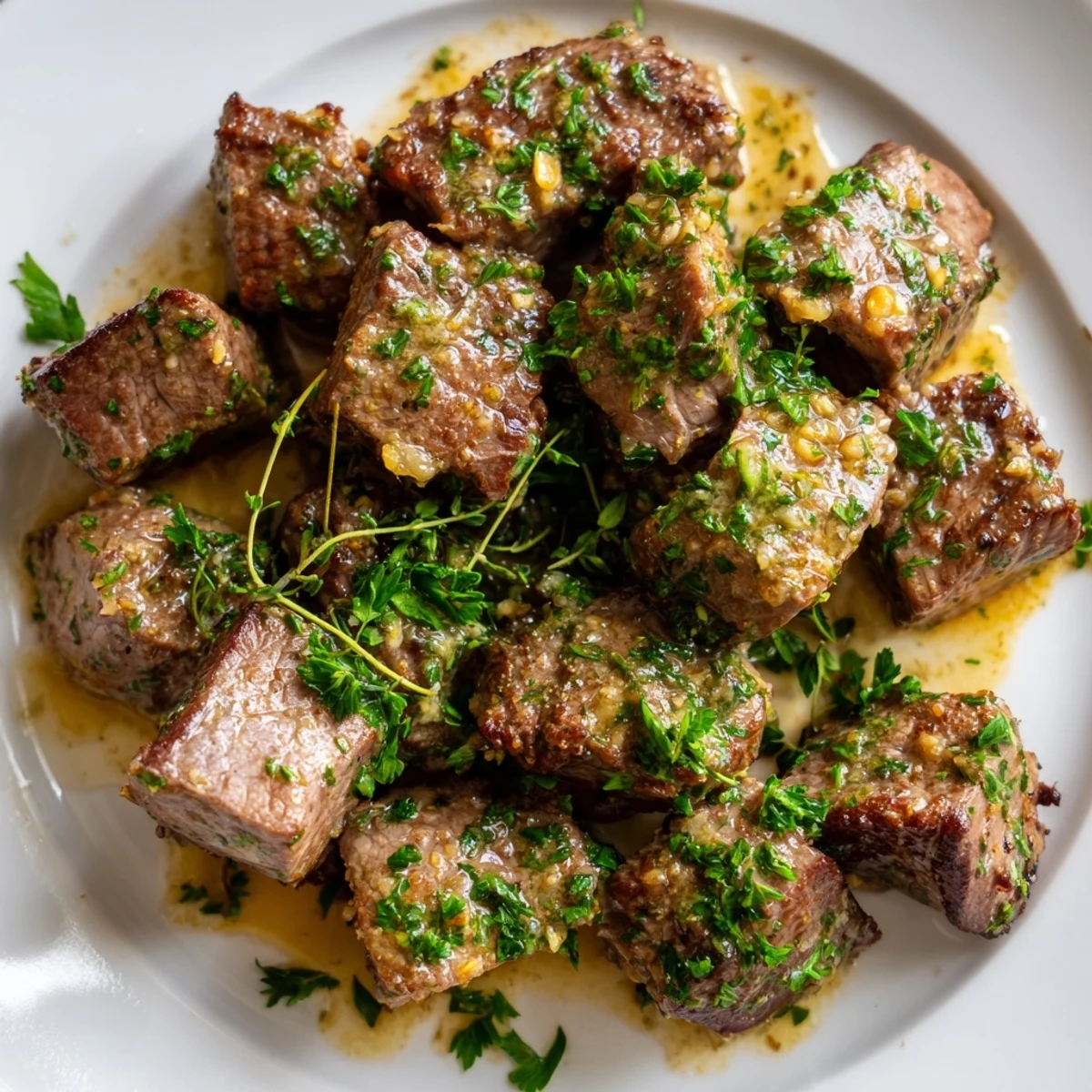 Golden brown garlic butter steak bites served in a white bowl with chopped parsley garnish