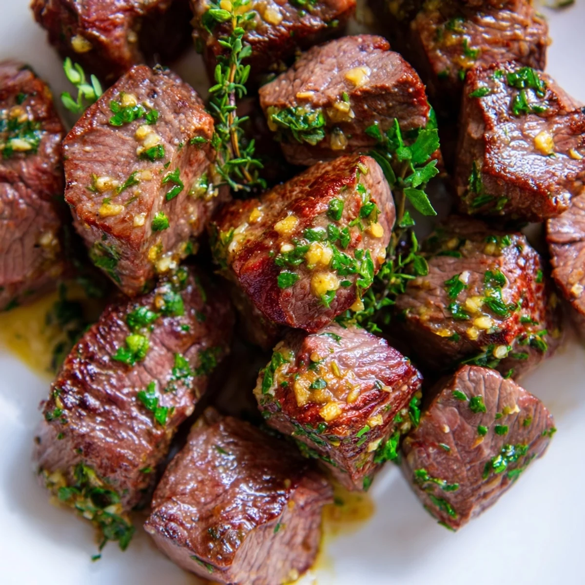 Tender seared steak cubes coated in melted garlic butter sauce on a dark plate