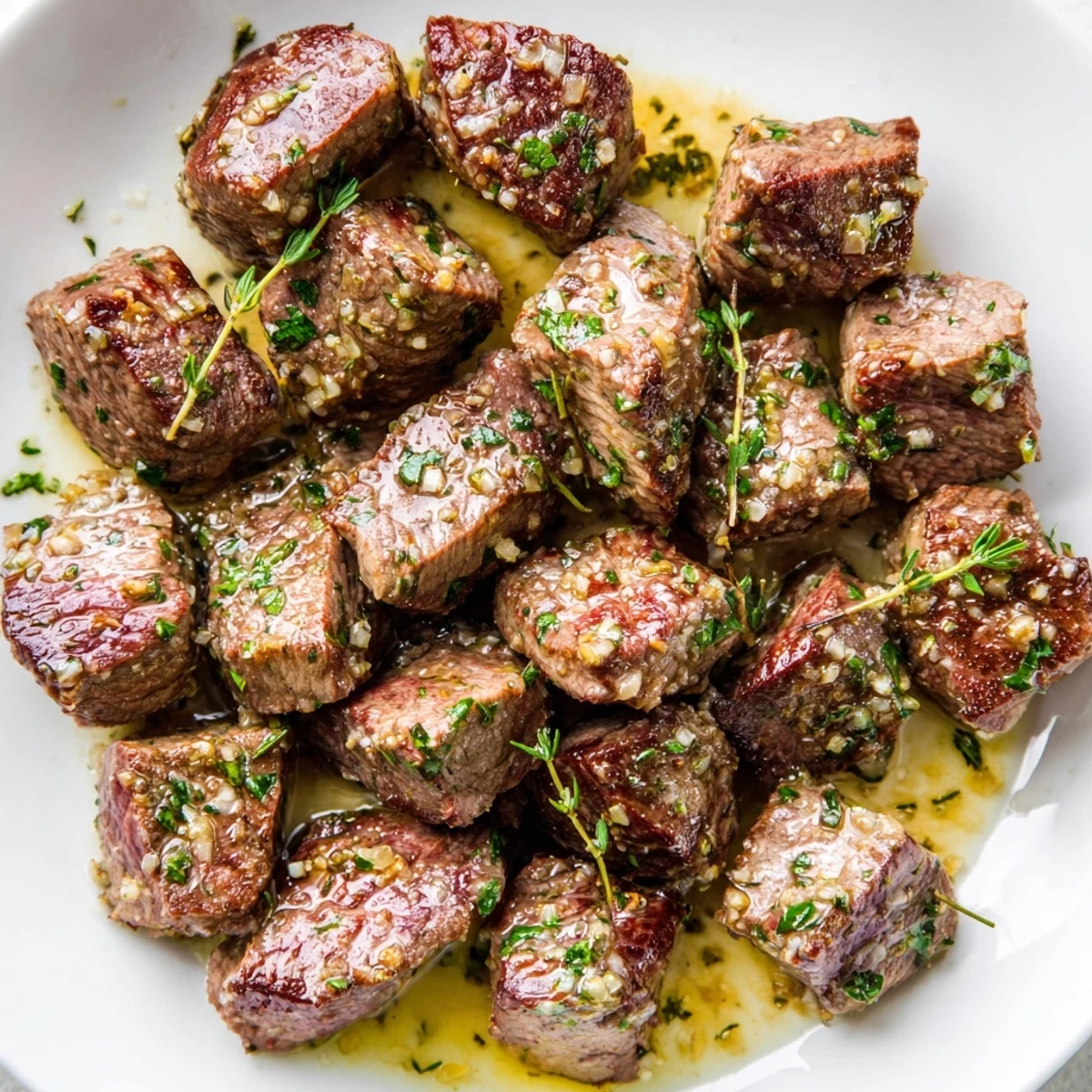 Succulent sirloin steak bites tossed in rich buttery garlic sauce with fresh herbs sprinkled on top
