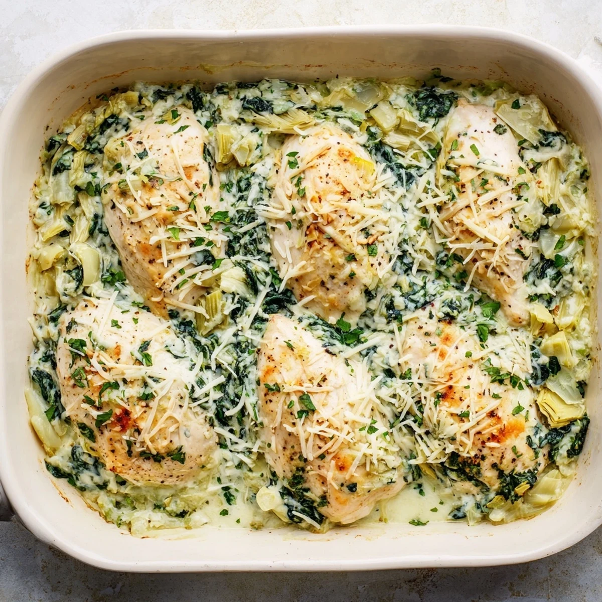 Golden bubbling spinach and artichoke chicken bake fresh from the oven with melted cheese topping