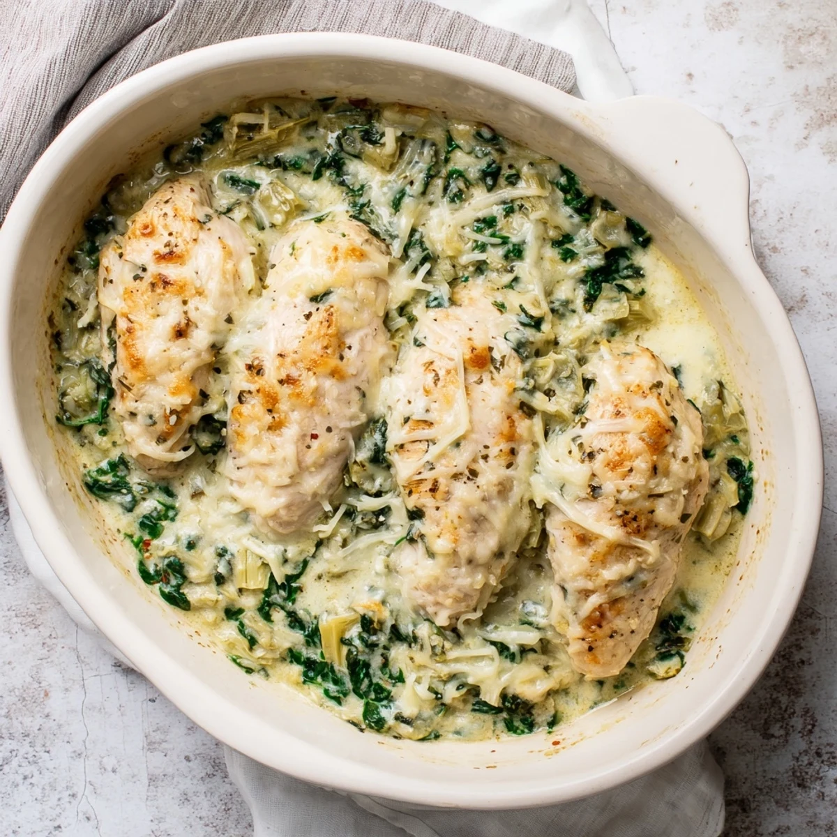 Cheesy spinach and artichoke chicken bake plated with a simple green side salad for dinner