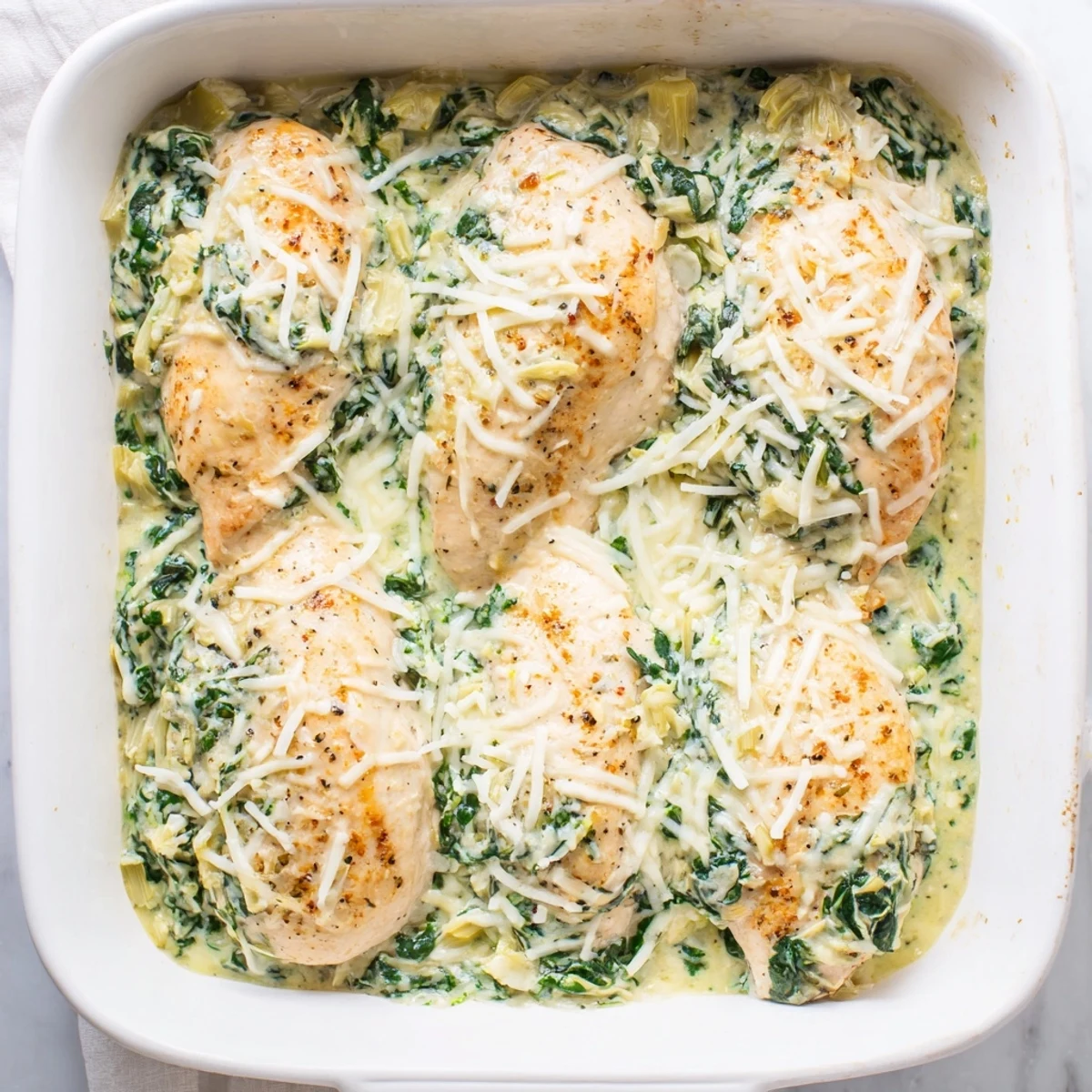 Creamy spinach artichoke chicken casserole served in a white baking dish with steamed vegetables