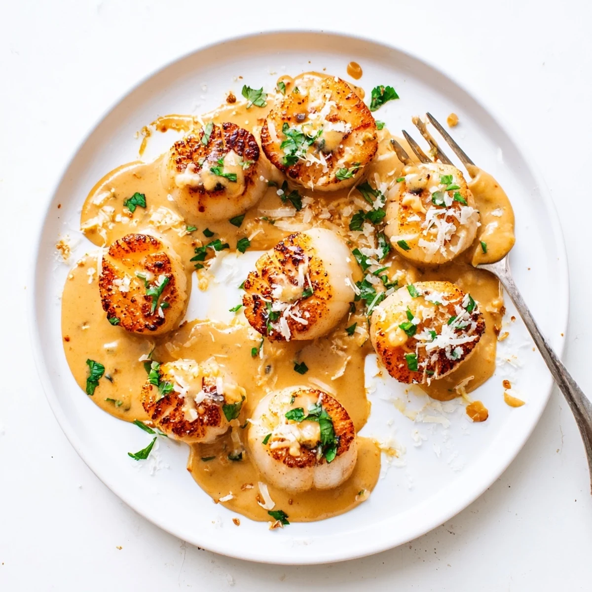 Golden pan-seared scallops resting in spicy Cajun cream sauce with fresh parsley garnish
