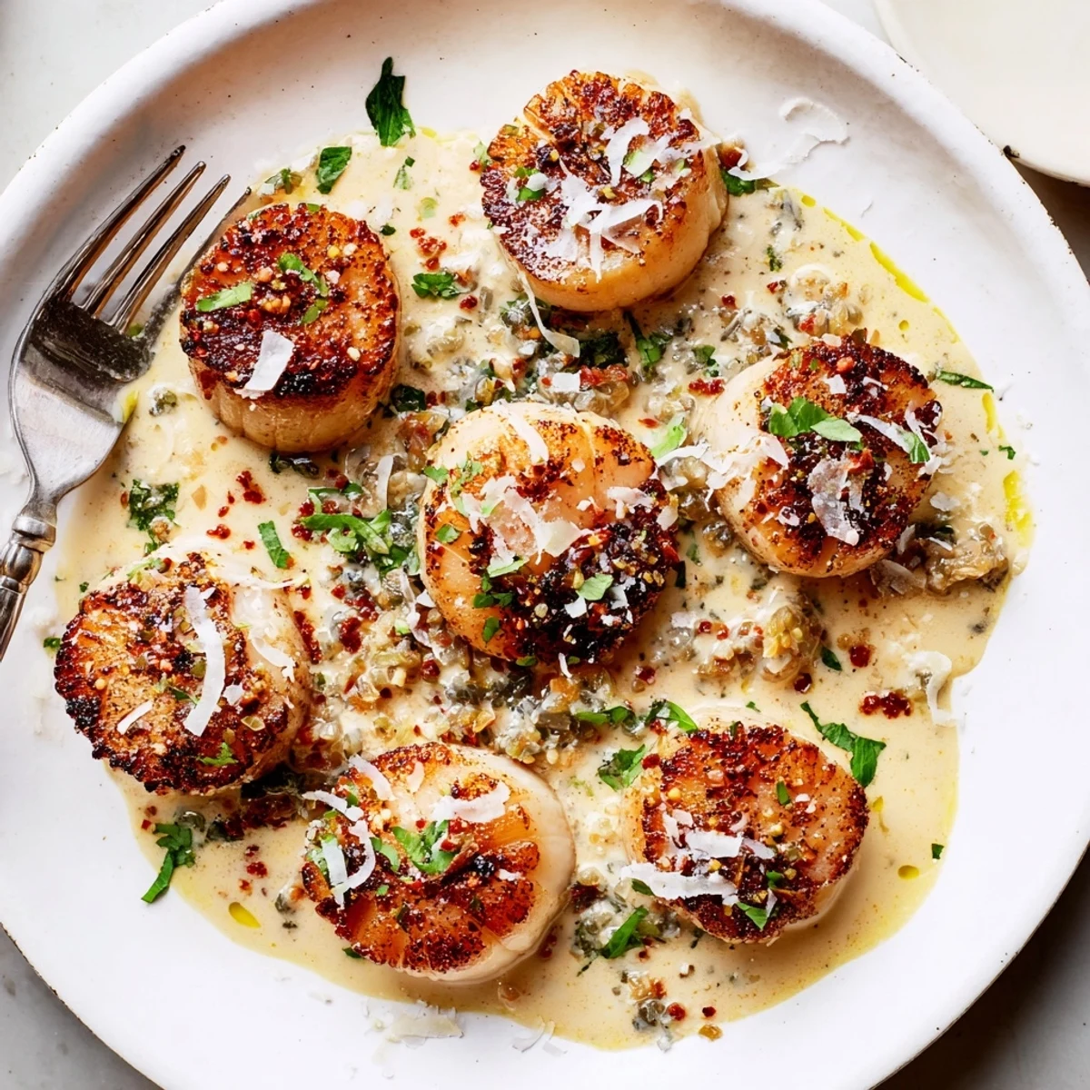 Succulent scallops seared to perfection topped with velvety Cajun cream sauce and herbs
