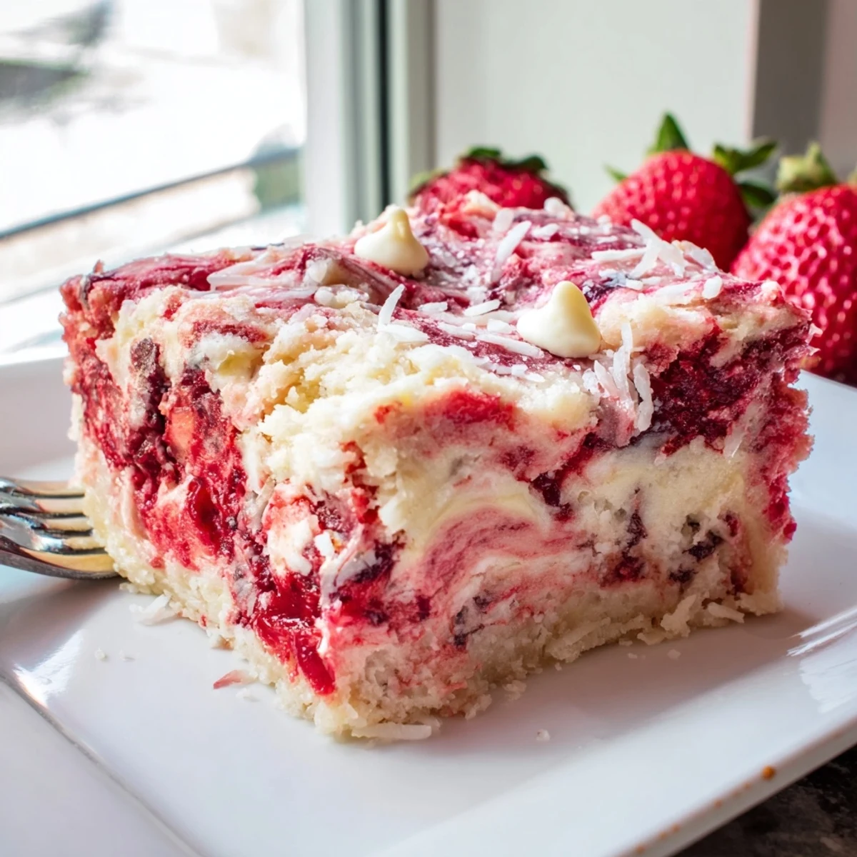 Gooey strawberry earthquake cake with cream cheese swirls and white chocolate chips