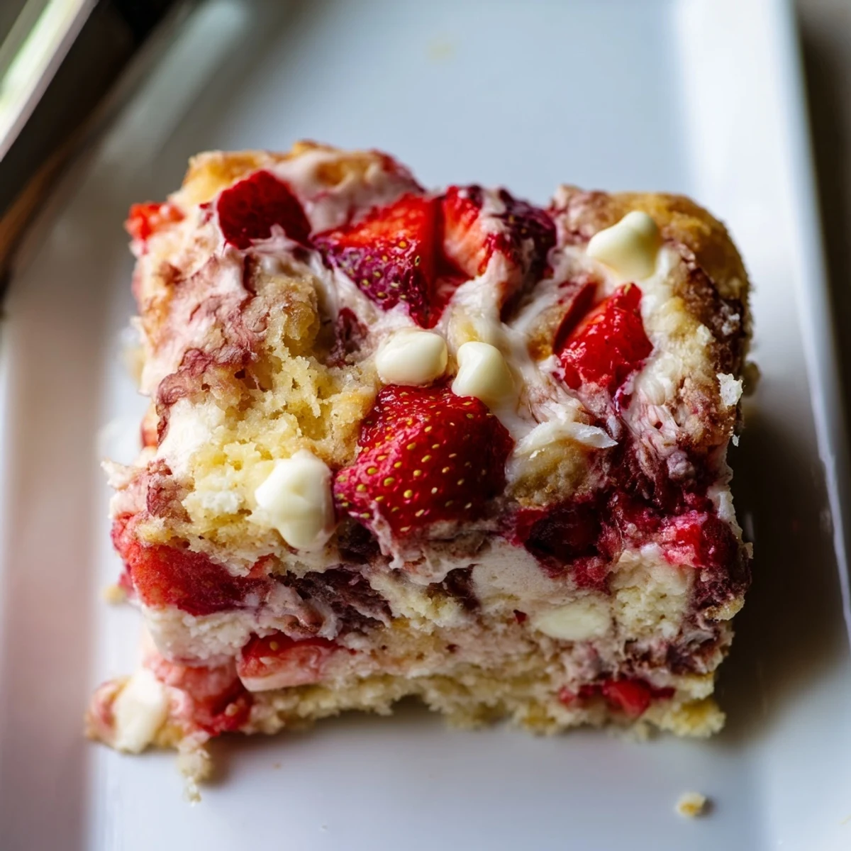 Moist strawberry earthquake cake featuring fresh strawberries and marbled cream cheese pockets