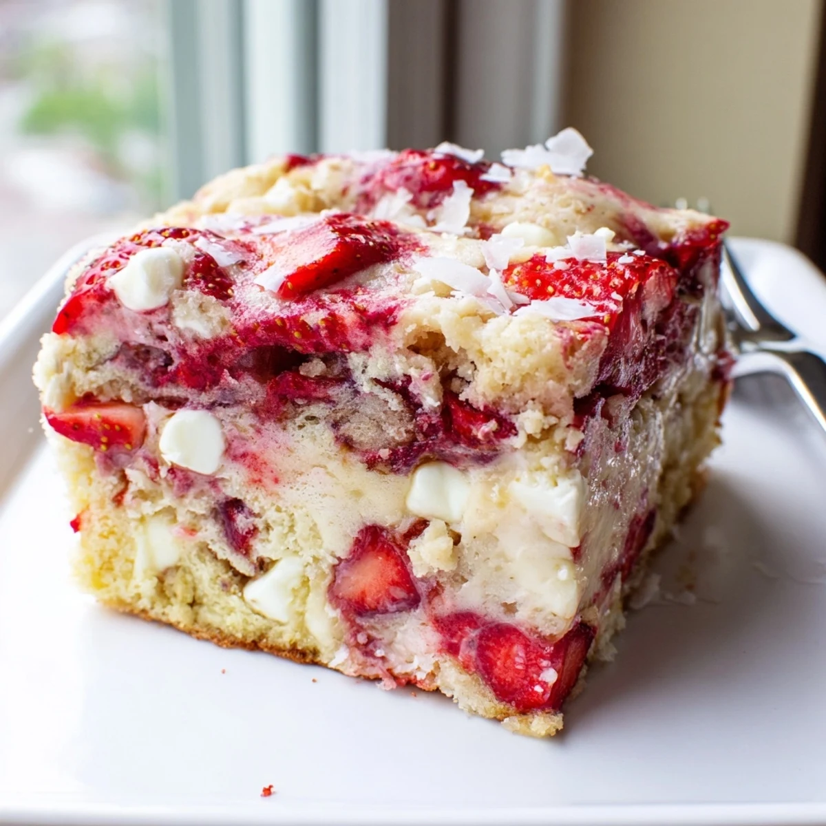 Slice of gooey strawberry earthquake cake topped with melted white chocolate and coconut