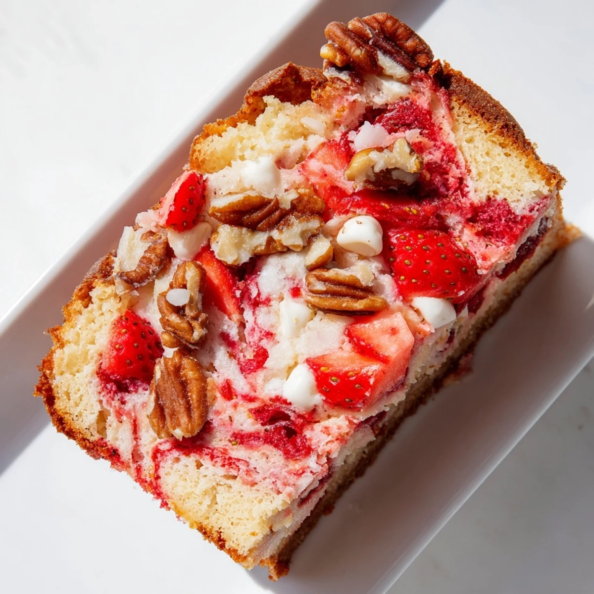 Strawberry Earthquake Cake with marbled cream cheese swirls and fresh strawberry chunks on top