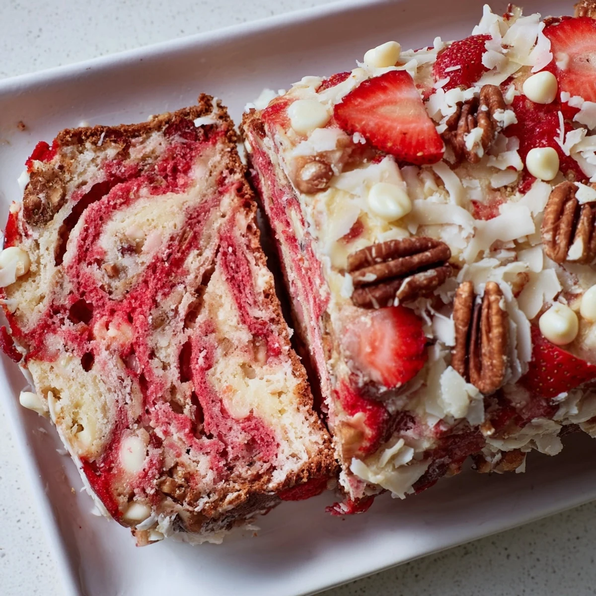 Decadent Strawberry Earthquake Cake featuring white chocolate chips and coconut sprinkled over cracked strawberry cake surface