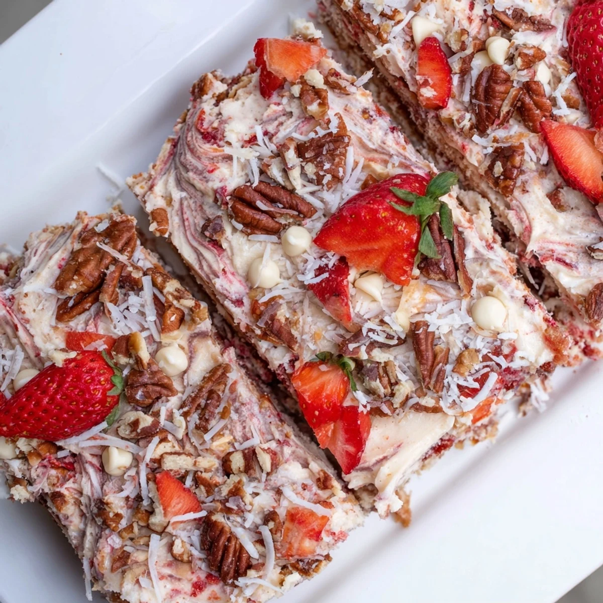 Warm Strawberry Earthquake Cake served in a baking dish with gooey cream cheese and tender strawberry layers