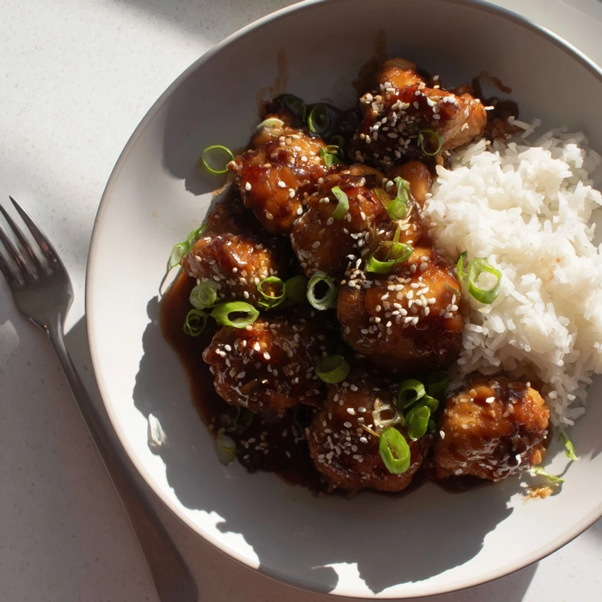 Golden brown Crock Pot Huli Huli Chicken thighs coated in glossy smoky pineapple glaze over rice
