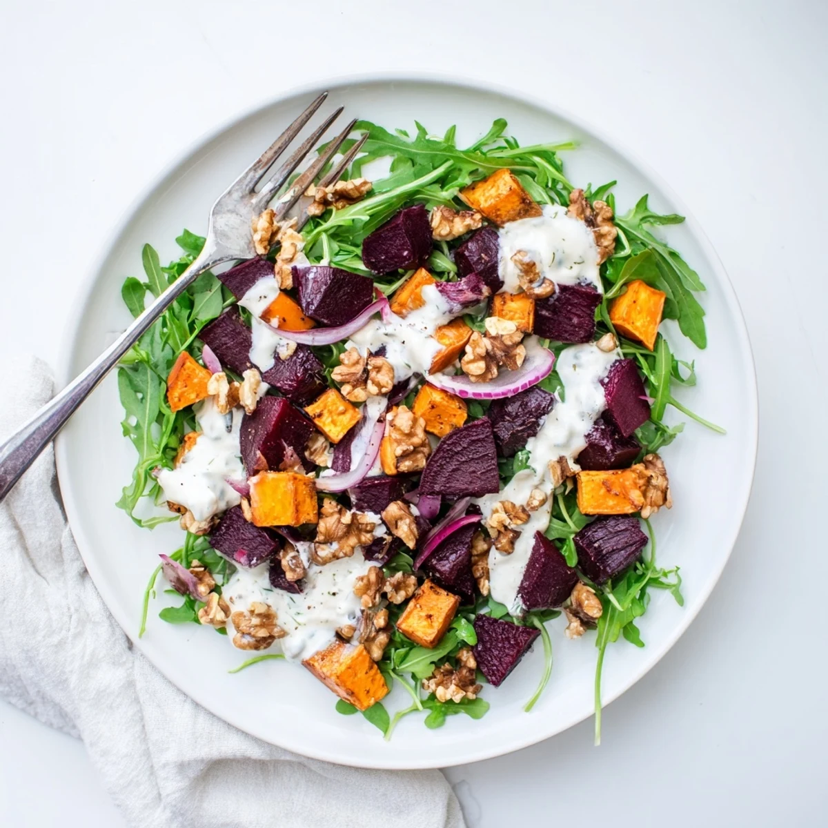 Golden roasted beets and sweet potatoes topped with tangy feta and creamy yogurt dressing