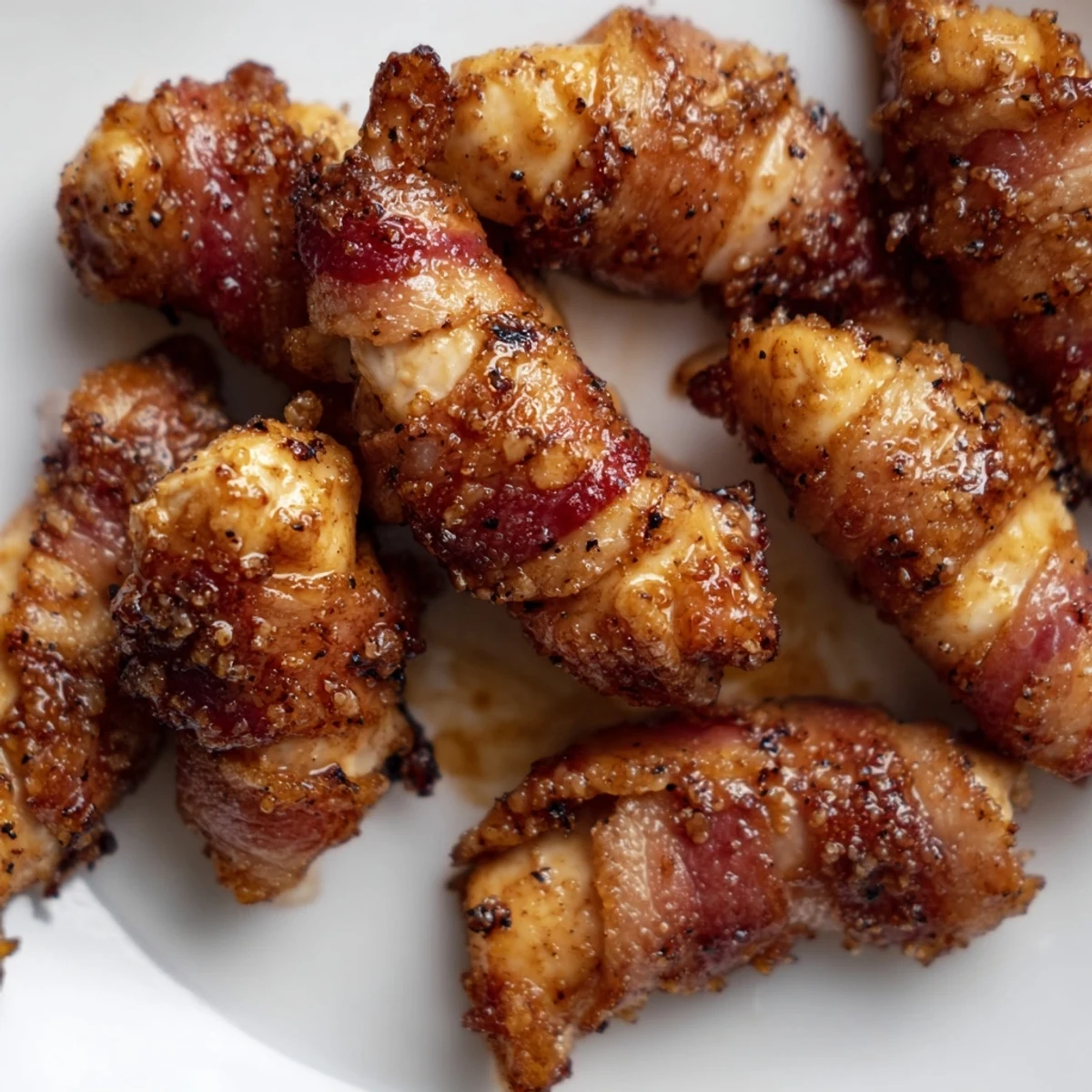 Crispy bacon brown sugar chicken tenders fresh from the oven with caramelized coating